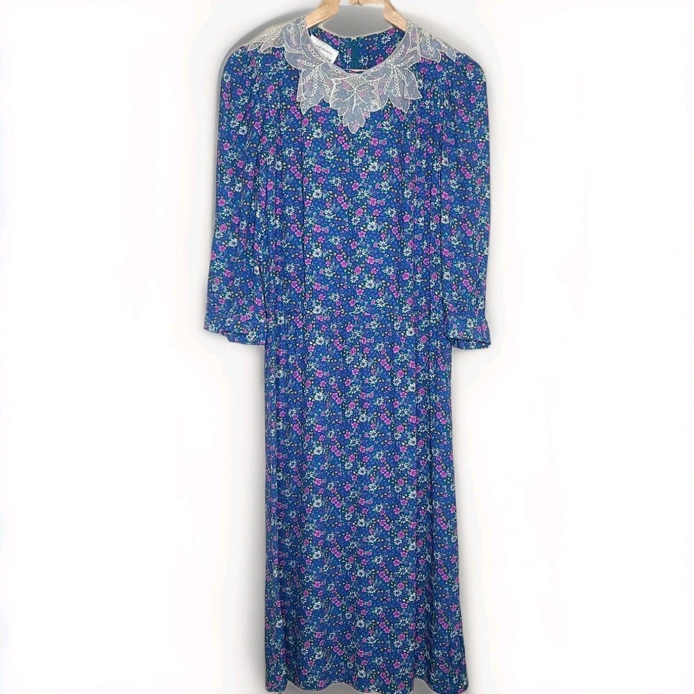 Vtg 90's Karen Stevens Floral Dress Lace Collar Cottagecore Prairie
